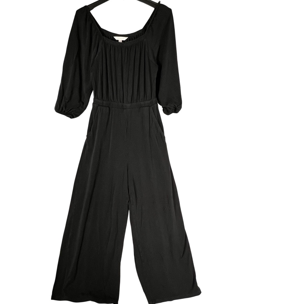 Garnet Hill XS Black Wide Leg Jumpsuit Balloon Sleeve Pockets Monochromatic‎